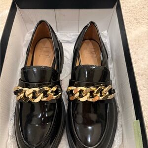 Black Loafers with Gold Chain Accent